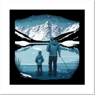 dad and son ice fishing Posters and Art